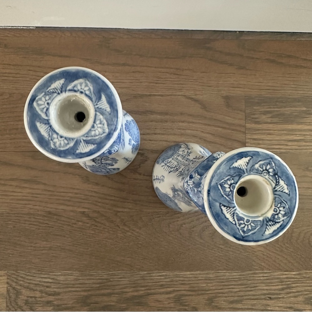 Two Vintage Williams Sonoma Chinoiserie Hand Painted Candle Holders Blue, White - Picture 9 of 9